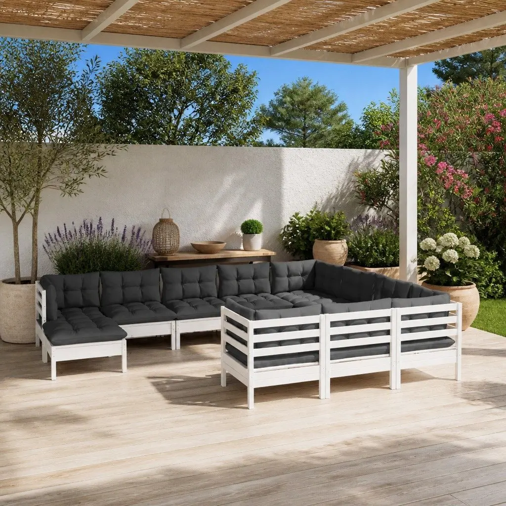 Garden Lounge Set 11 Piece Outdoor Patio Furniture White Pinewood with Cushions