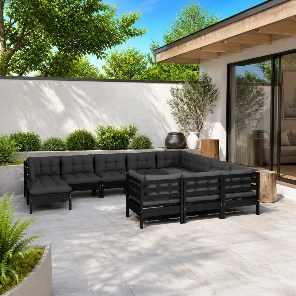 11 Piece Modular Garden Lounge Set Black Cushioned Pinewood Outdoor Patio Furniture