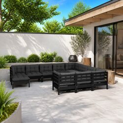 Versatile Black Pinewood Garden Lounge Set, 11 Pieces