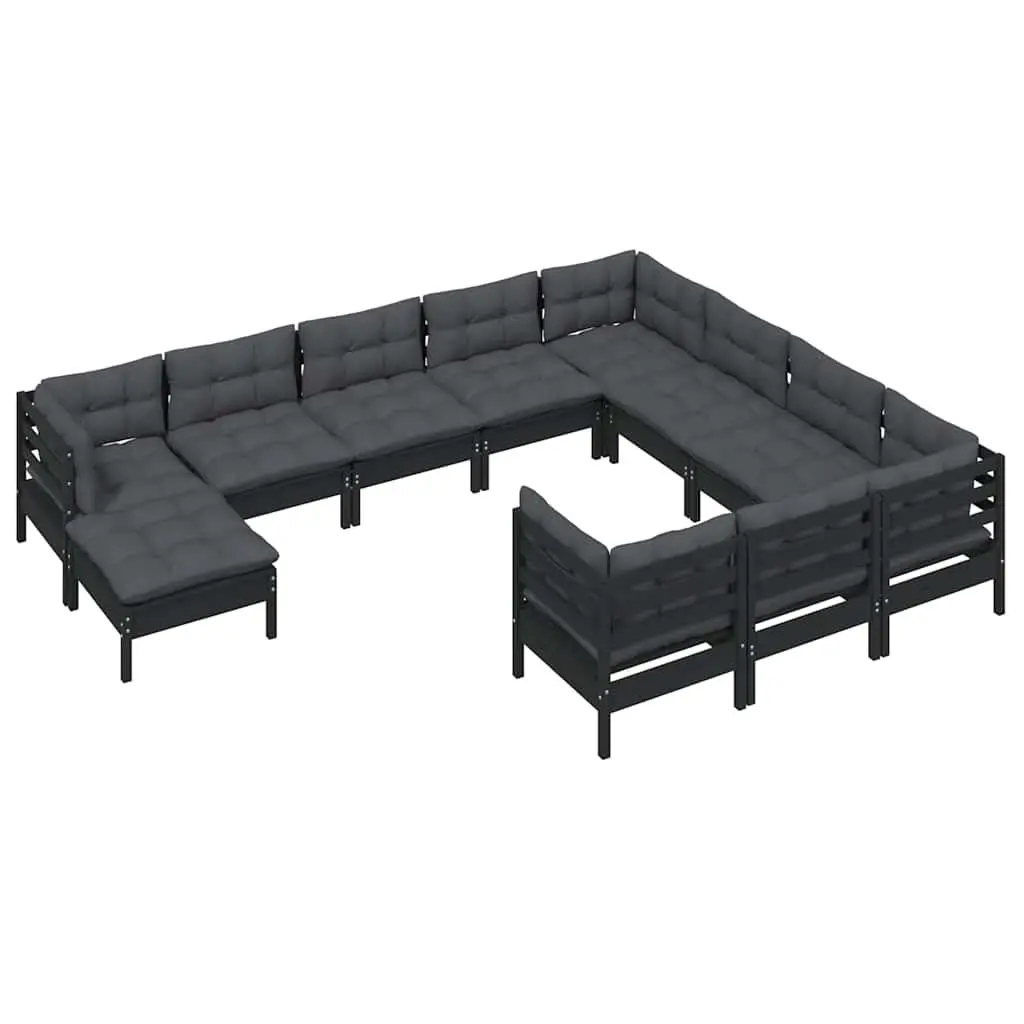 11 Piece Modular Garden Lounge Set Black Cushioned Pinewood Outdoor Patio Furniture