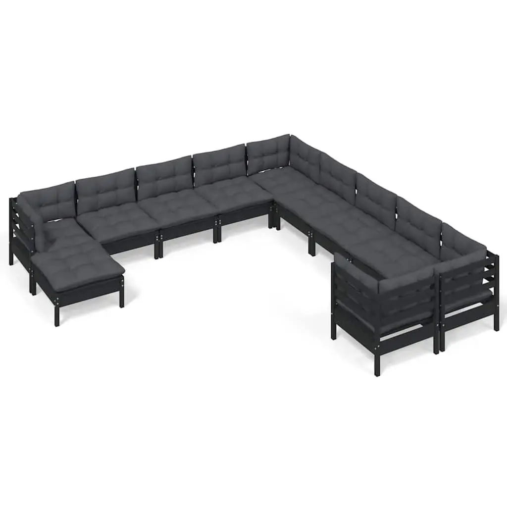 11 Piece Garden Lounge Set with Cushions Black Pinewood Outdoor Furniture