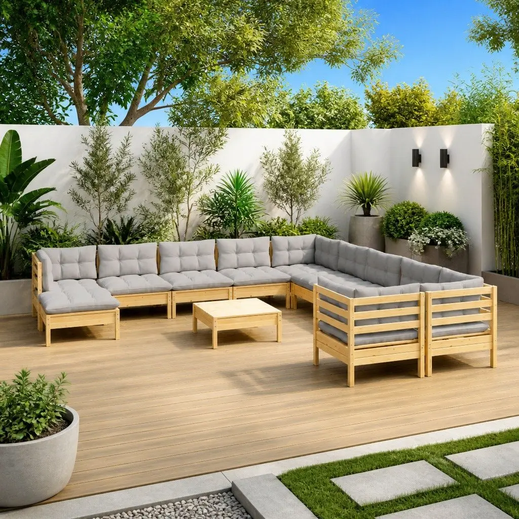 12 Piece Garden Lounge Set Modular Pinewood Grey Cushions Outdoor Furniture
