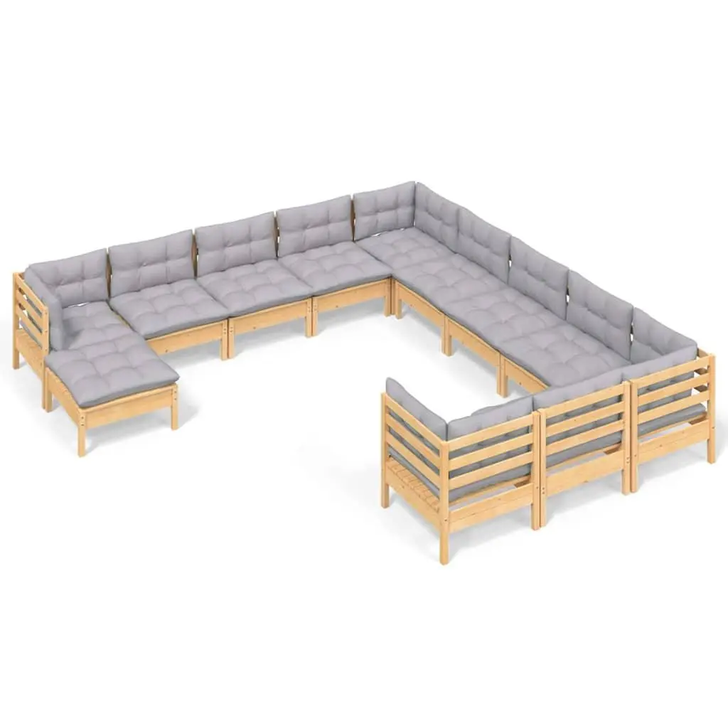 Modular Outdoor Furniture 12 Piece Garden Lounge Set Pinewood with Grey Cushions