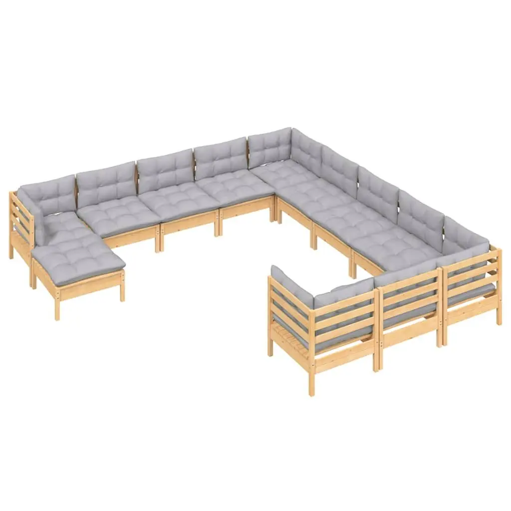 Modular Outdoor Furniture 12 Piece Garden Lounge Set Pinewood with Grey Cushions