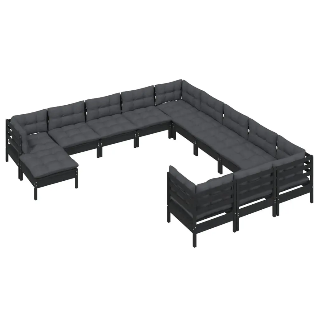 Garden Lounge Set 12 Piece Black Pinewood Patio Furniture with Cushions Modular