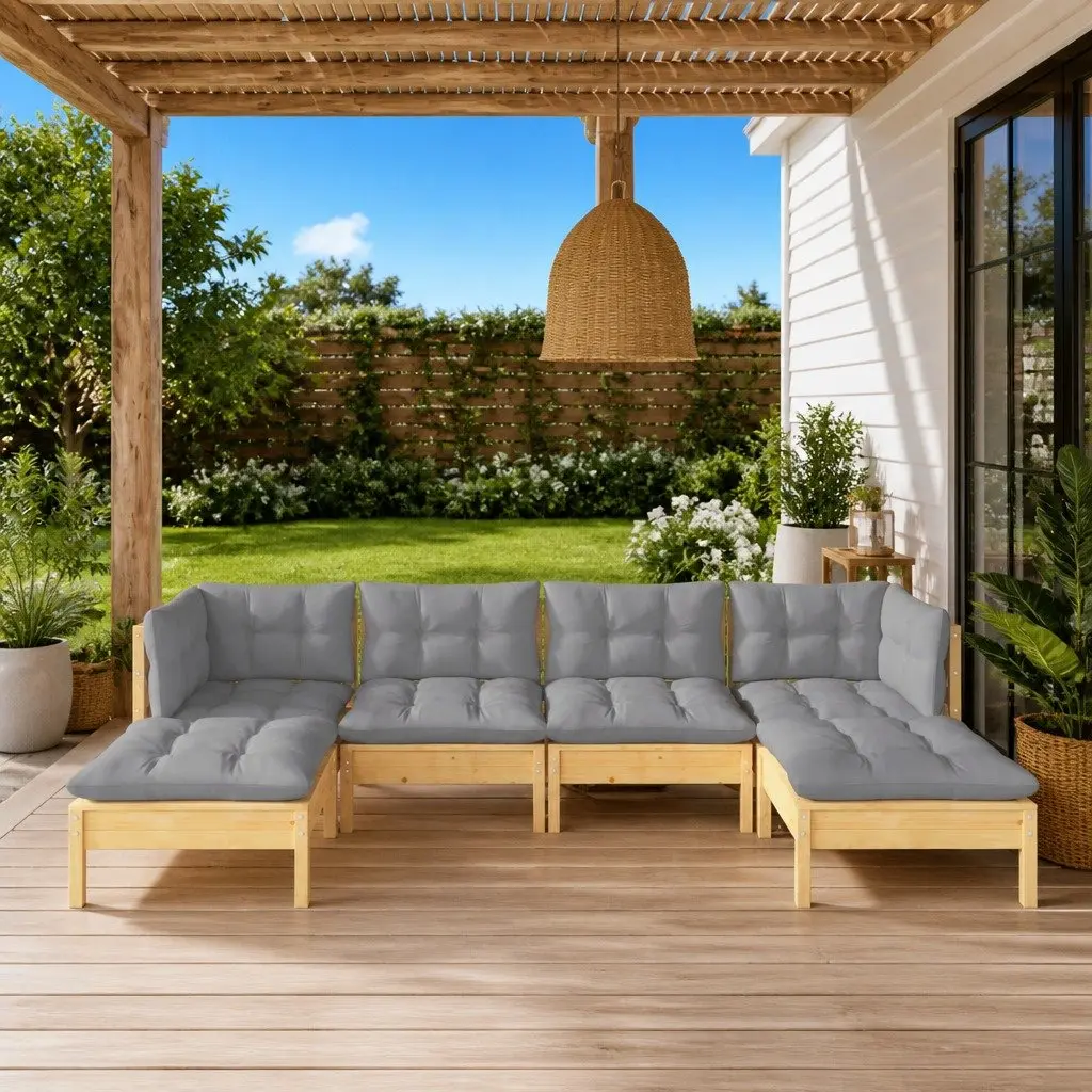 Garden Lounge Set Solid Pinewood Modular 6 Piece Outdoor Patio Furniture Grey Cushions