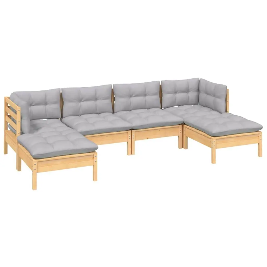 Garden Lounge Set Solid Pinewood Modular 6 Piece Outdoor Patio Furniture Grey Cushions