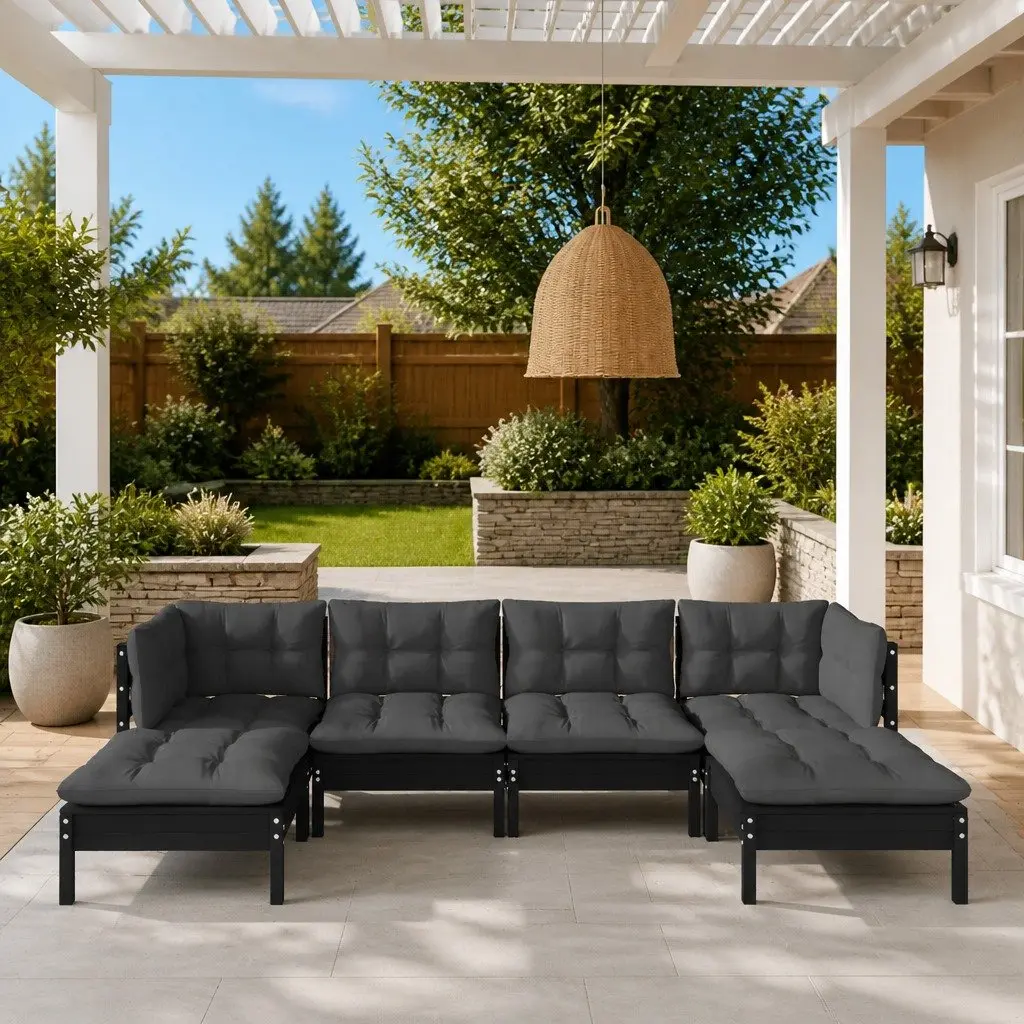 6 Piece Pinewood Modular Outdoor Lounge Set Black with Cushions