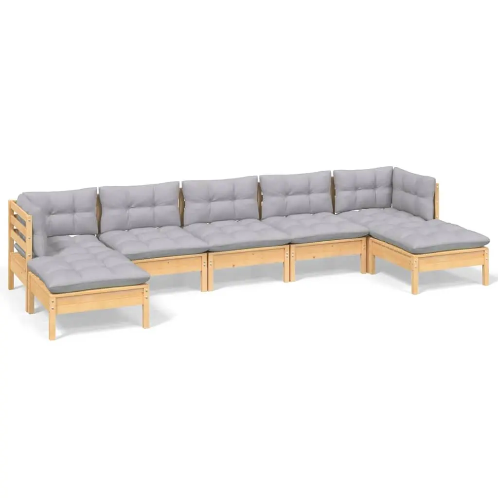Outdoor Garden Lounge Set 7 Piece Patio Furniture Grey Cushions Pinewood