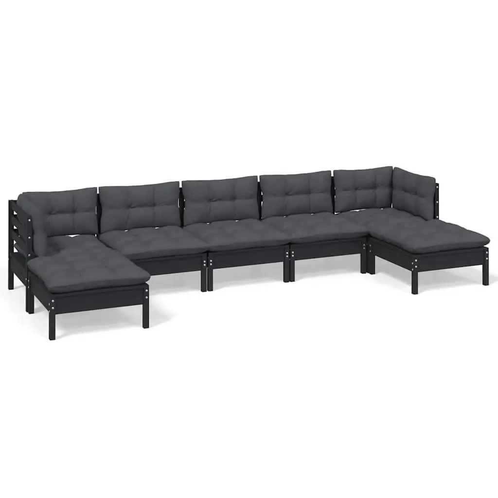 7 Piece Garden Lounge Set Pinewood Black Outdoor Patio Furniture with Cushions
