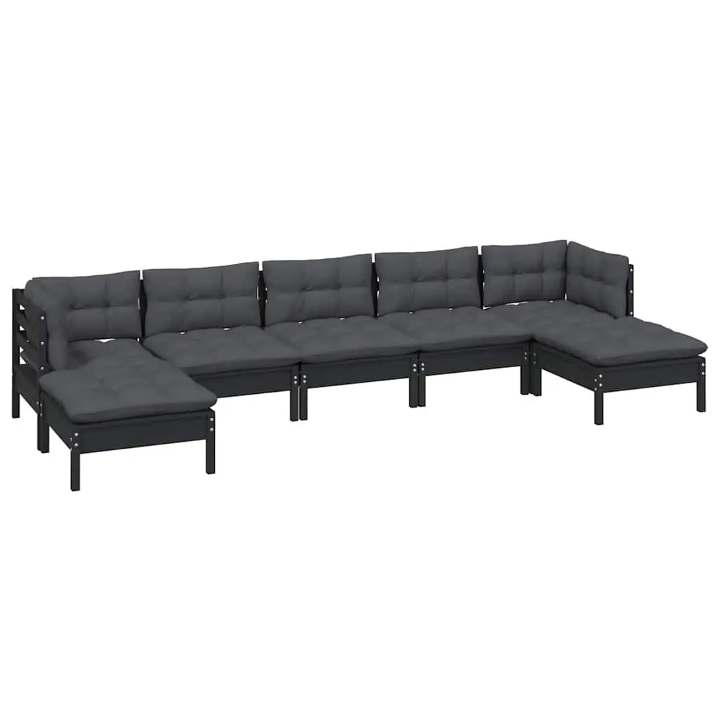 7 Piece Garden Lounge Set Pinewood Black Outdoor Patio Furniture with Cushions