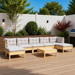 Garden Lounge Set 8 Piece Outdoor Patio Furniture with Grey Cushions Pinewood