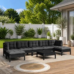 Practical 8-Piece Garden Lounge Set in Black Pinewood