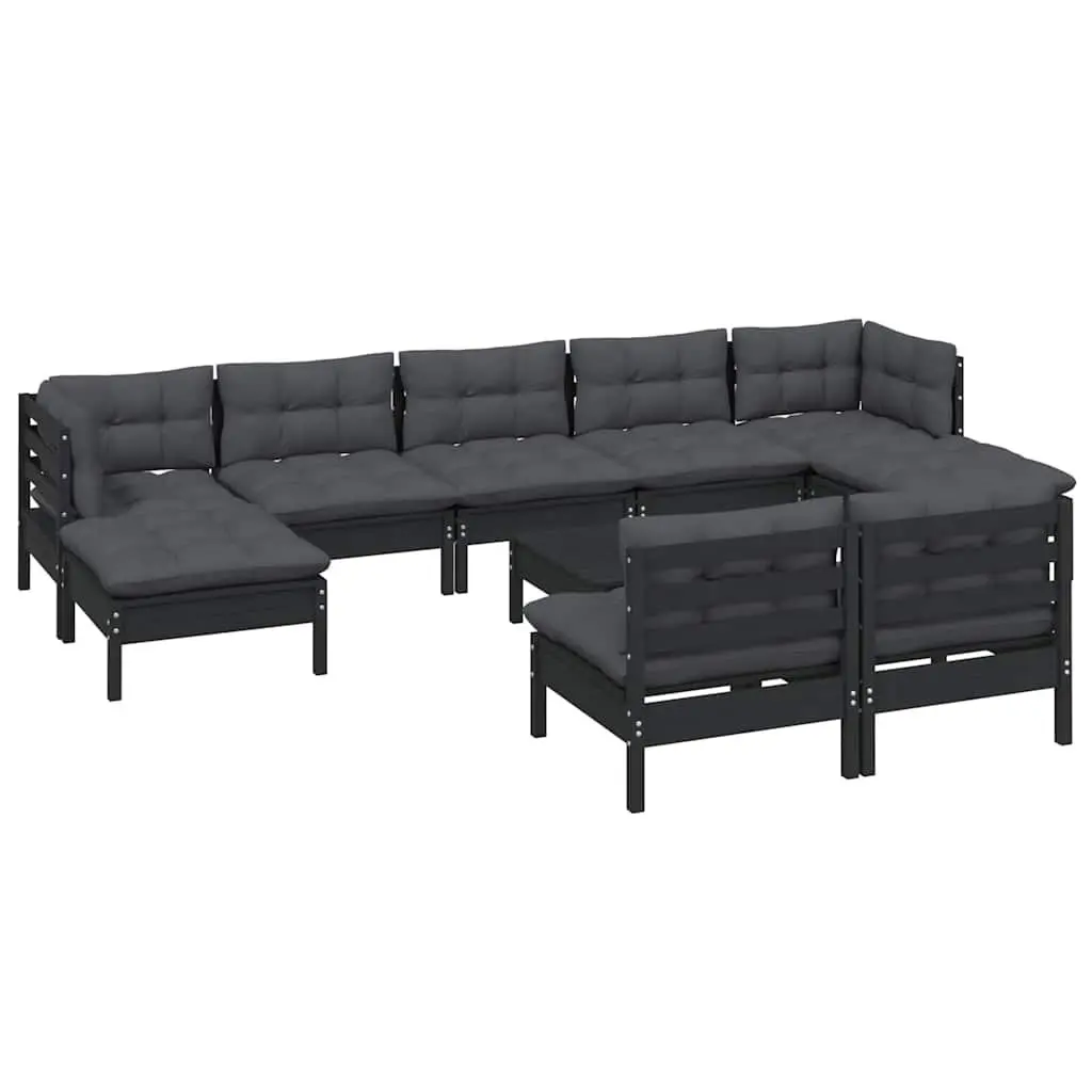 Garden Lounge Set Solid Pinewood 10 Piece Black Patio Furniture with Cushions Outdoor