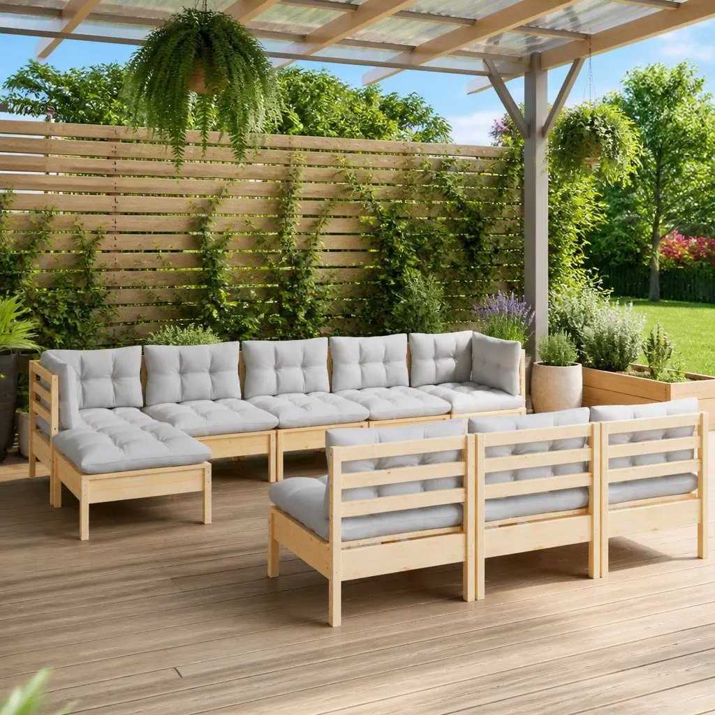 Garden Lounge Set Modular Solid Pinewood 10 Piece Outdoor Furniture Grey Cushions