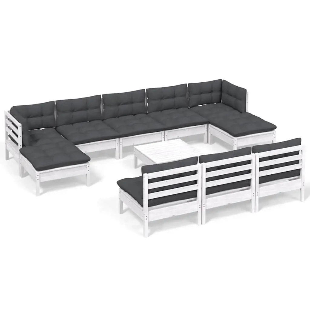 Garden Lounge Set 11 Piece White Pinewood Outdoor Furniture with Cushions