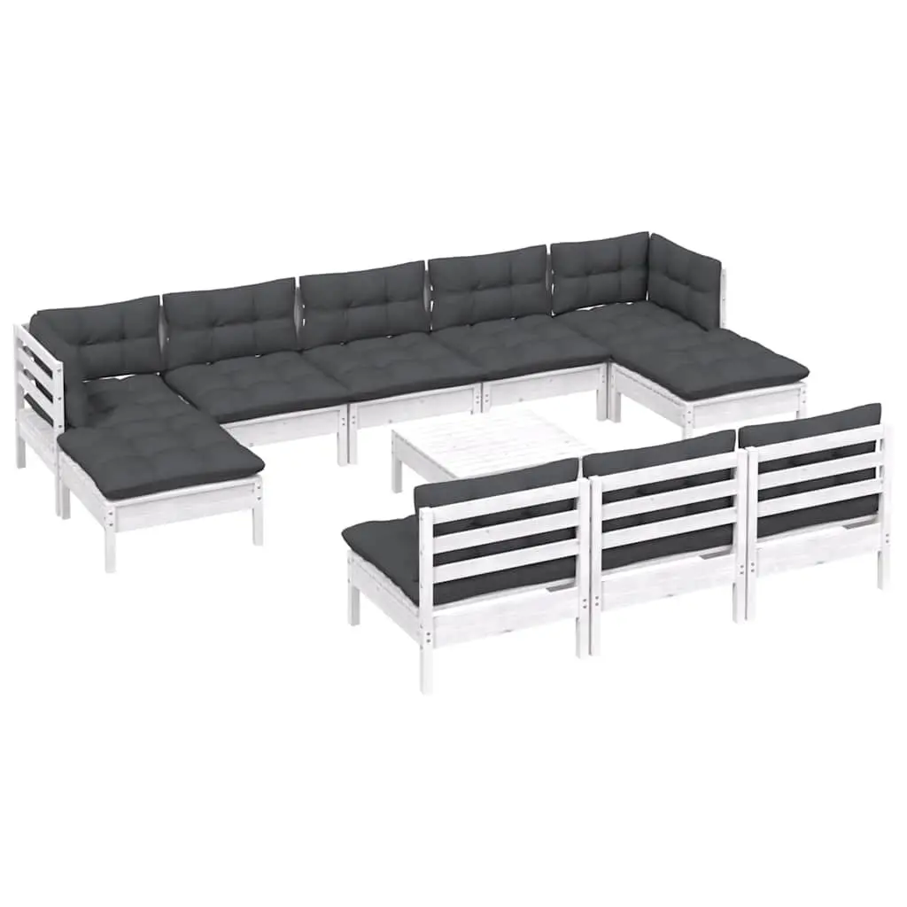 Garden Lounge Set 11 Piece White Pinewood Outdoor Furniture with Cushions