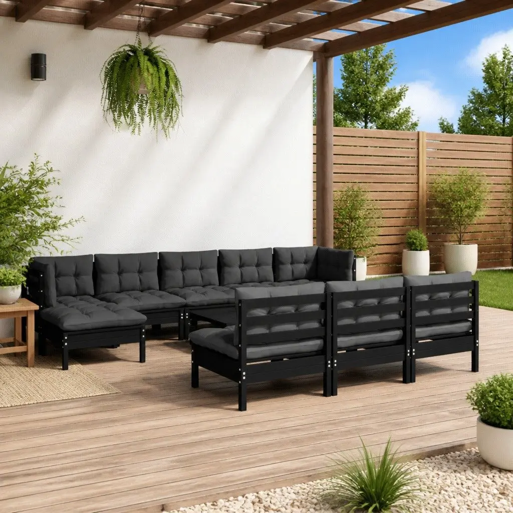 11 Piece Modular Garden Lounge Set Black Pinewood Outdoor Patio Furniture with Cushions