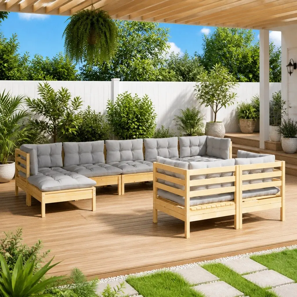 Modular Garden Lounge Set Solid Pinewood 9 Piece with Grey Cushions