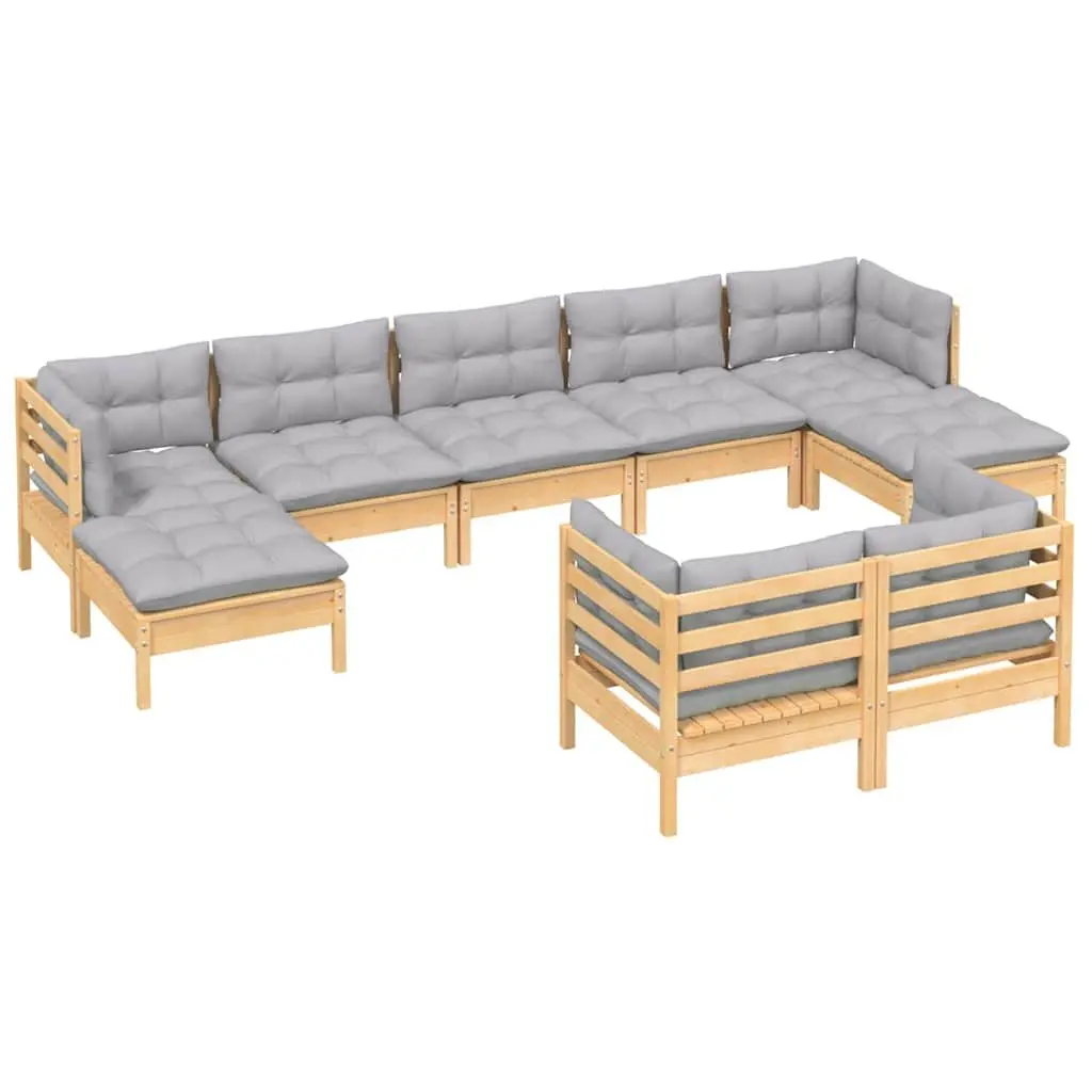 Modular Garden Lounge Set Solid Pinewood 9 Piece with Grey Cushions