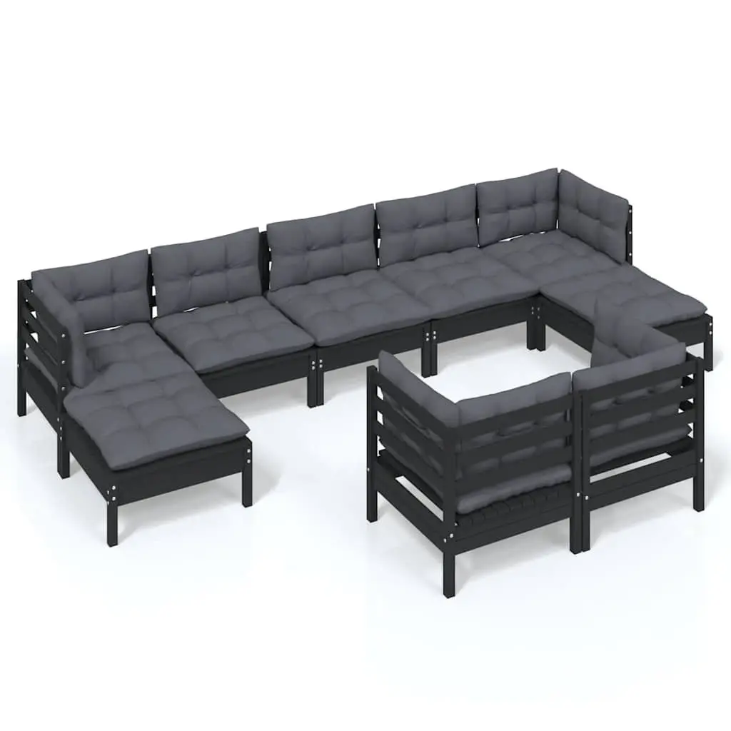 Garden Lounge Set 9 Piece Outdoor Patio Furniture Black Pinewood with Cushions