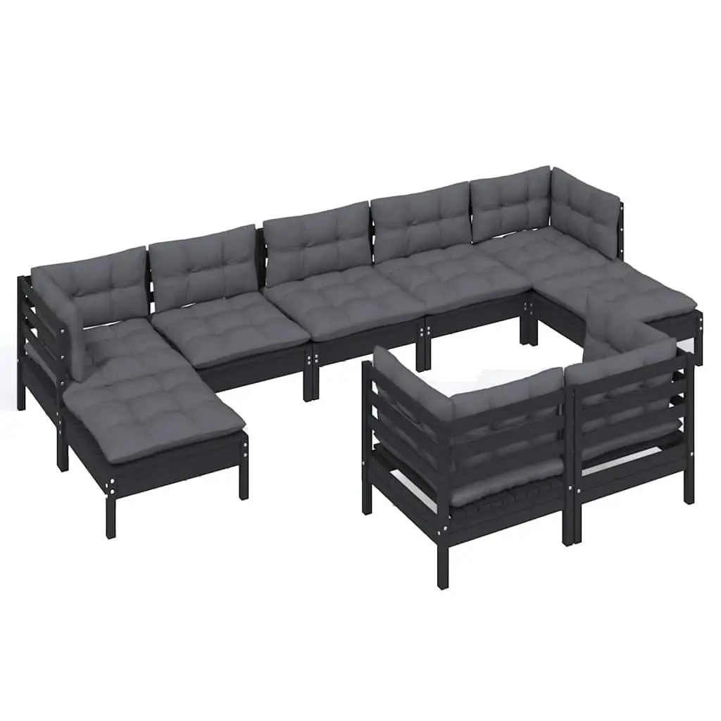 Garden Lounge Set 9 Piece Outdoor Patio Furniture Black Pinewood with Cushions