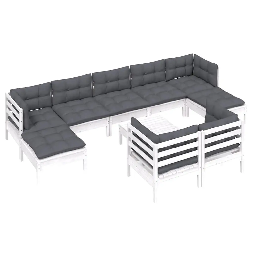 10 Piece Outdoor Patio Furniture Set Modular White Pinewood Garden Lounge with Cushions