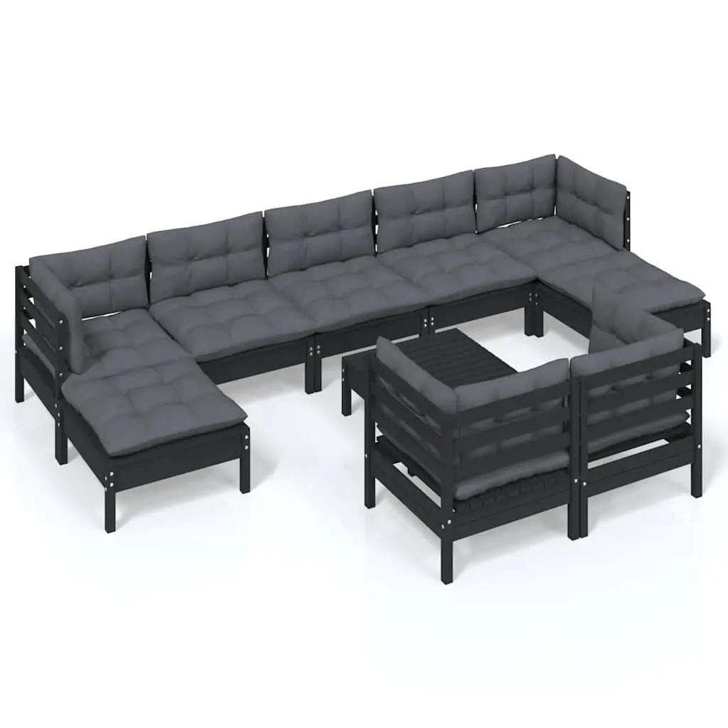 Garden Lounge Set 10 Piece Modular Patio Furniture Black Solid Pinewood Cushions