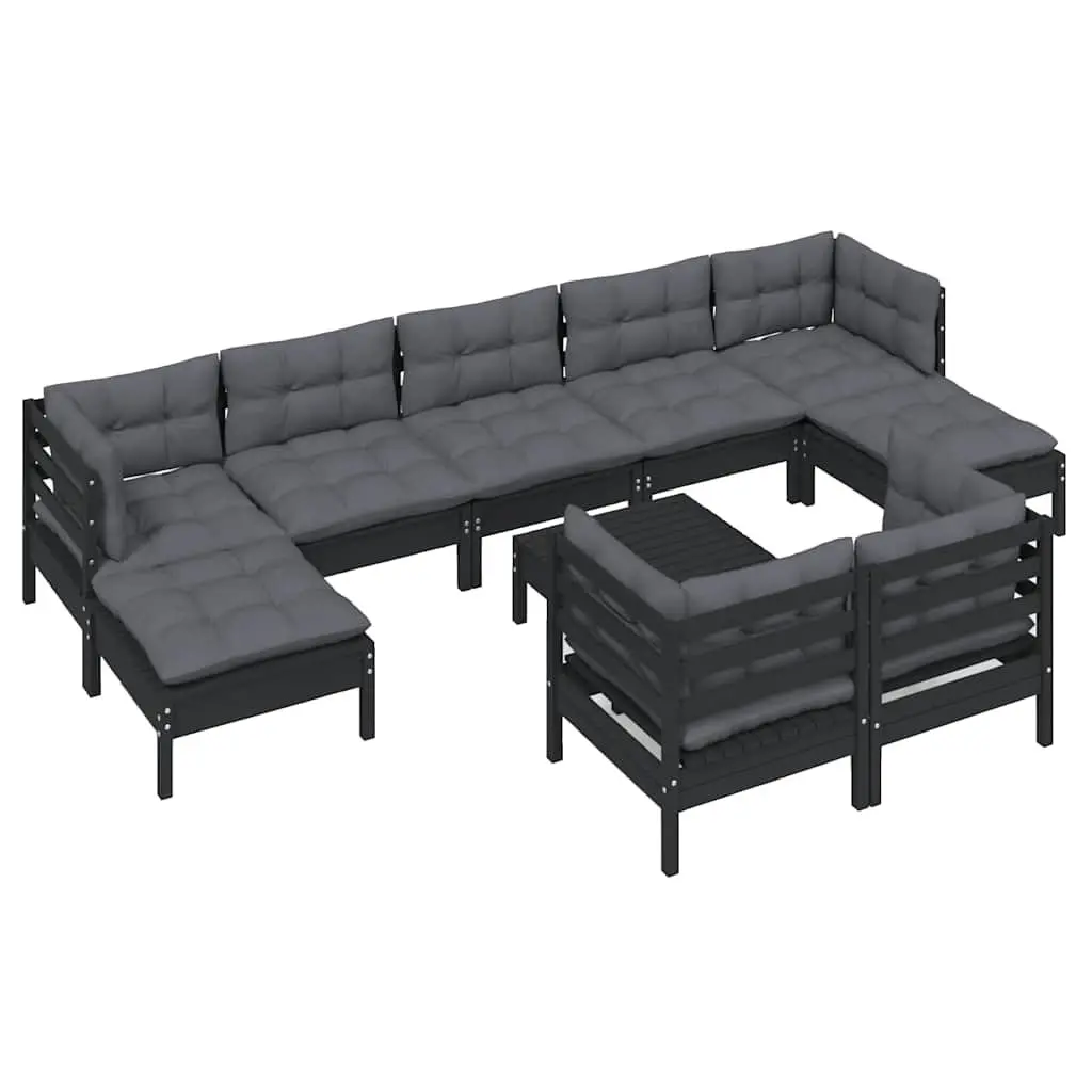 Garden Lounge Set 10 Piece Modular Patio Furniture Black Solid Pinewood Cushions