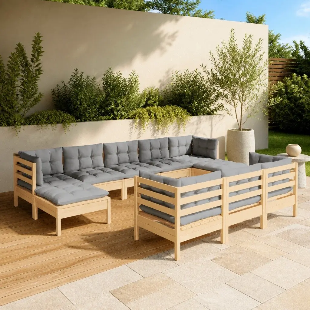 Garden Lounge Set Solid Pinewood Modular 10 Piece Outdoor Furniture Grey Cushions