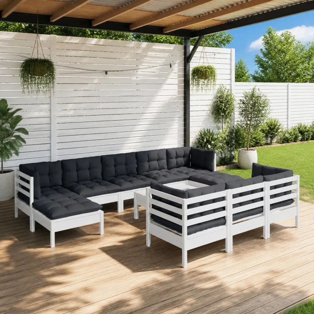 11 Piece Lounge Set Modular White Outdoor Furniture Solid Pinewood with Cushions