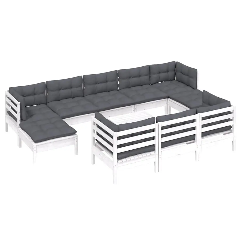 11 Piece Lounge Set Modular White Outdoor Furniture Solid Pinewood with Cushions