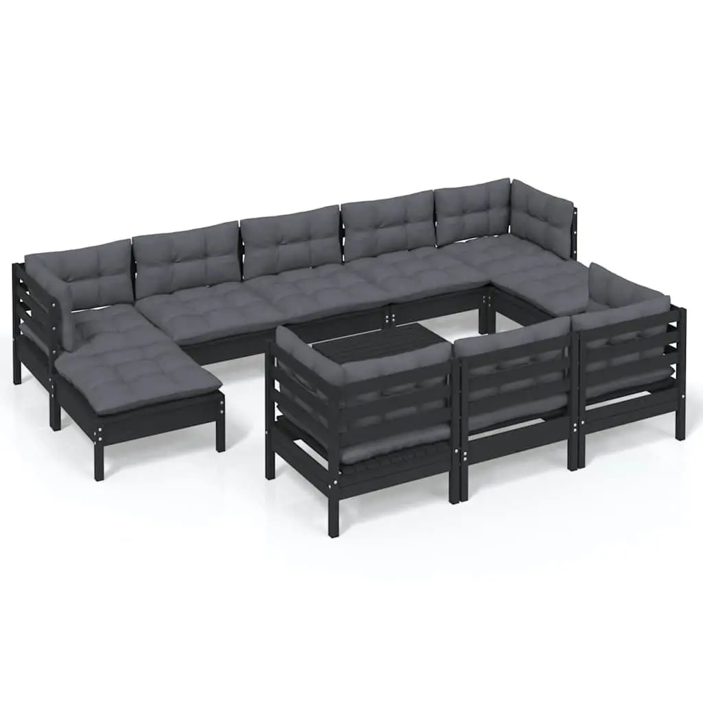 Outdoor Lounge Furniture Set 11 Piece Modular Black Solid Pinewood with Cushions
