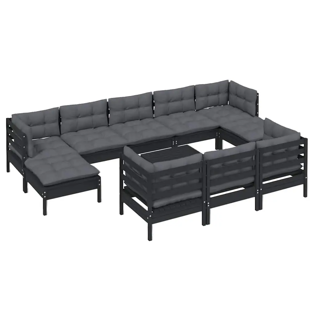 Outdoor Lounge Furniture Set 11 Piece Modular Black Solid Pinewood with Cushions