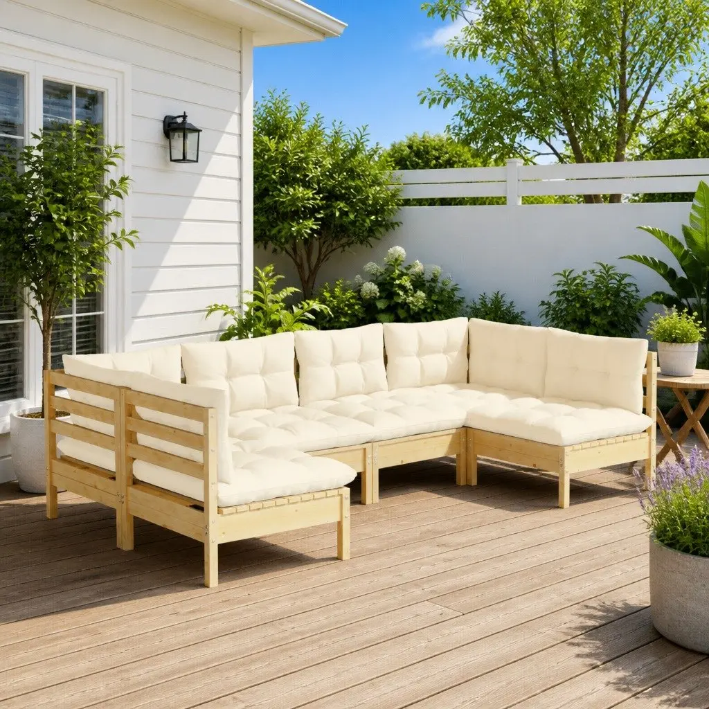 6 Piece Modular Sectional Garden Lounge Set Outdoor Furniture Cream Cushions Solid Pinewood Construction