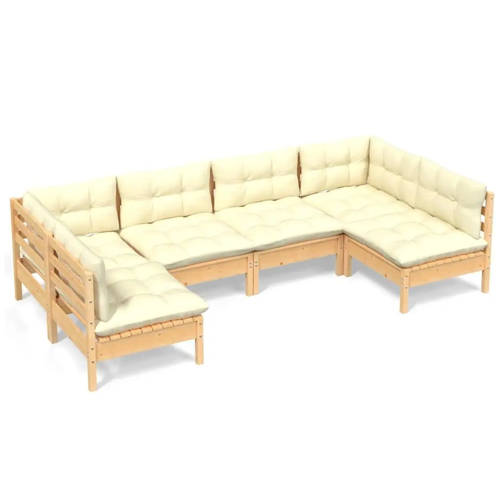 6 Piece Modular Sectional Garden Lounge Set Outdoor Furniture Cream Cushions Solid Pinewood Construction