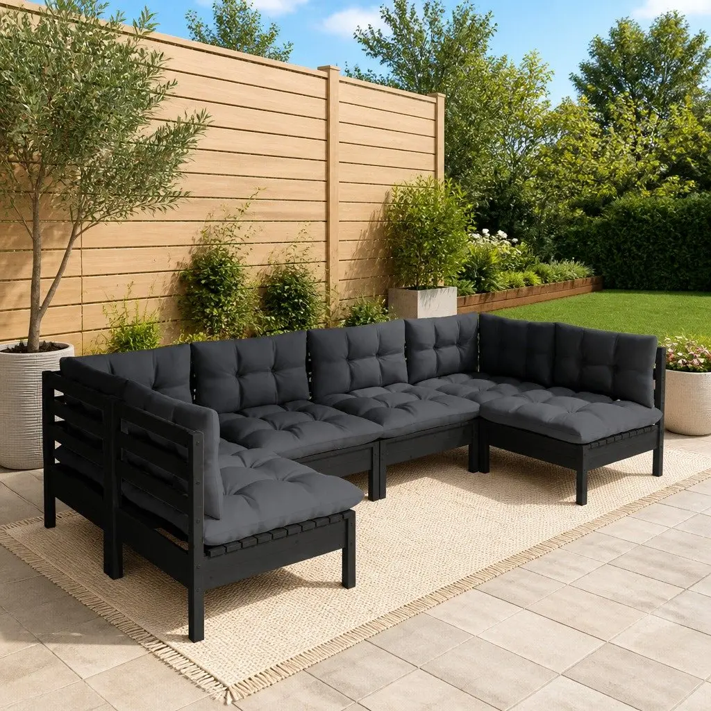 Garden Lounge Set Solid Pinewood 6 Piece Outdoor Patio Furniture Black with Cushions Modular