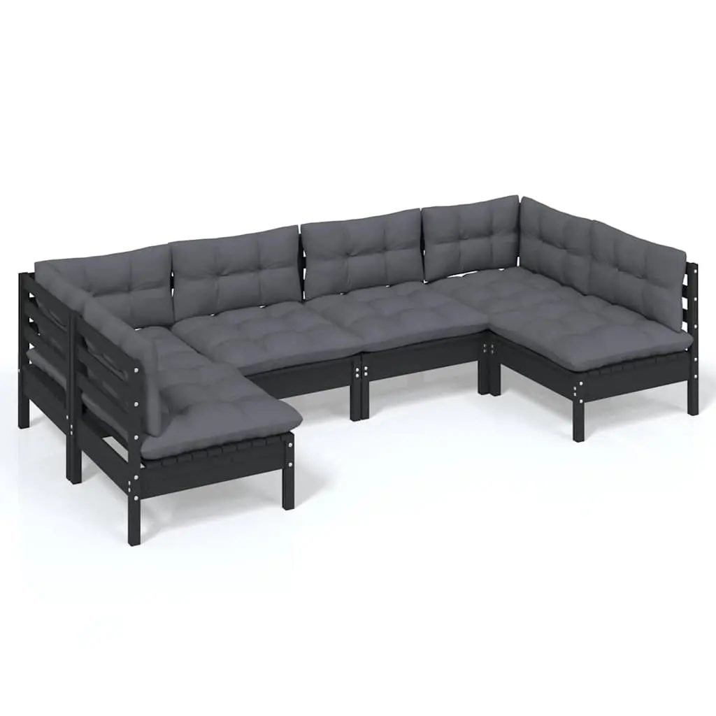 Garden Lounge Set Solid Pinewood 6 Piece Outdoor Patio Furniture Black with Cushions Modular