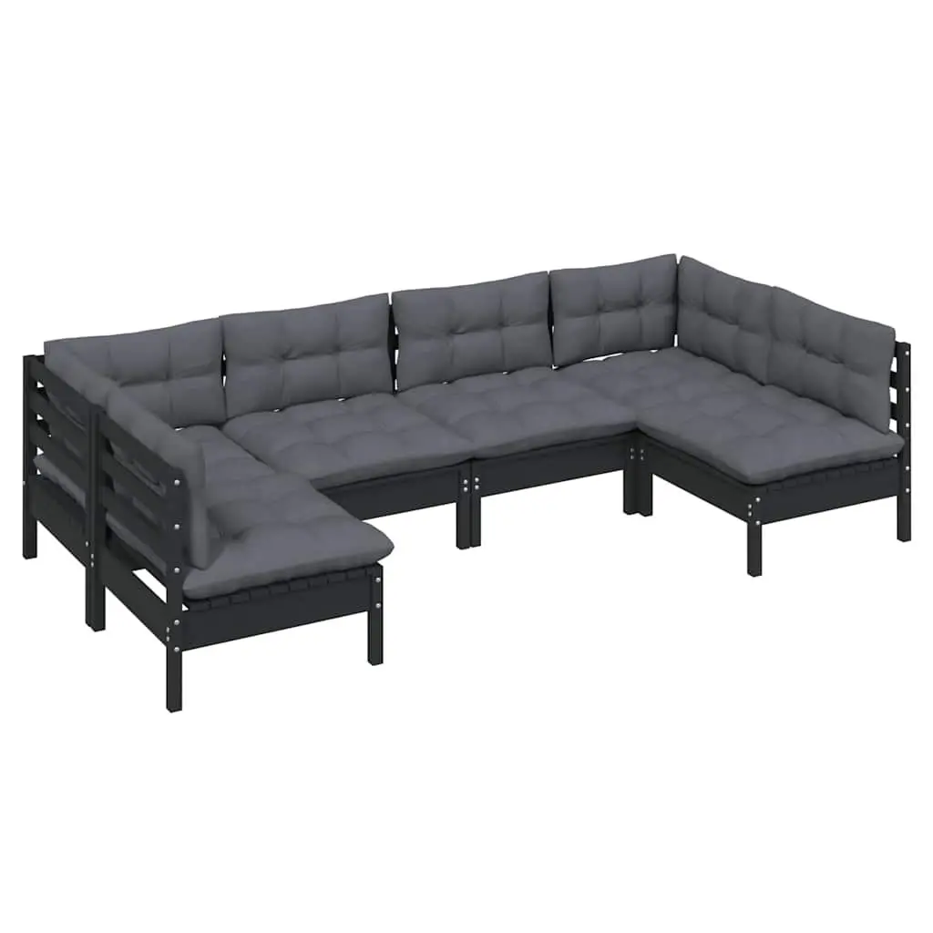 Garden Lounge Set Solid Pinewood 6 Piece Outdoor Patio Furniture Black with Cushions Modular