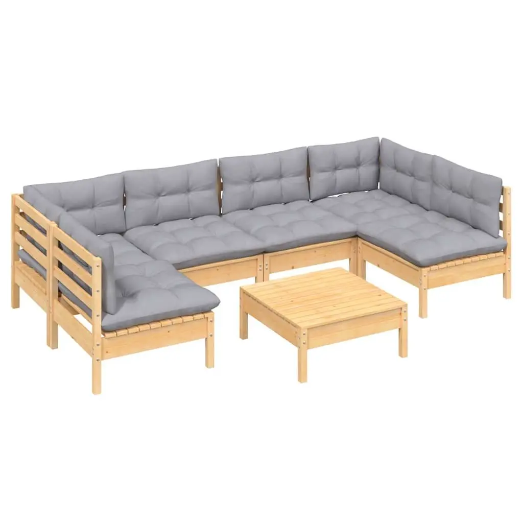 Garden Lounge Set Solid Pinewood 7 Piece Outdoor Furniture Patio Sofa Grey Cushions