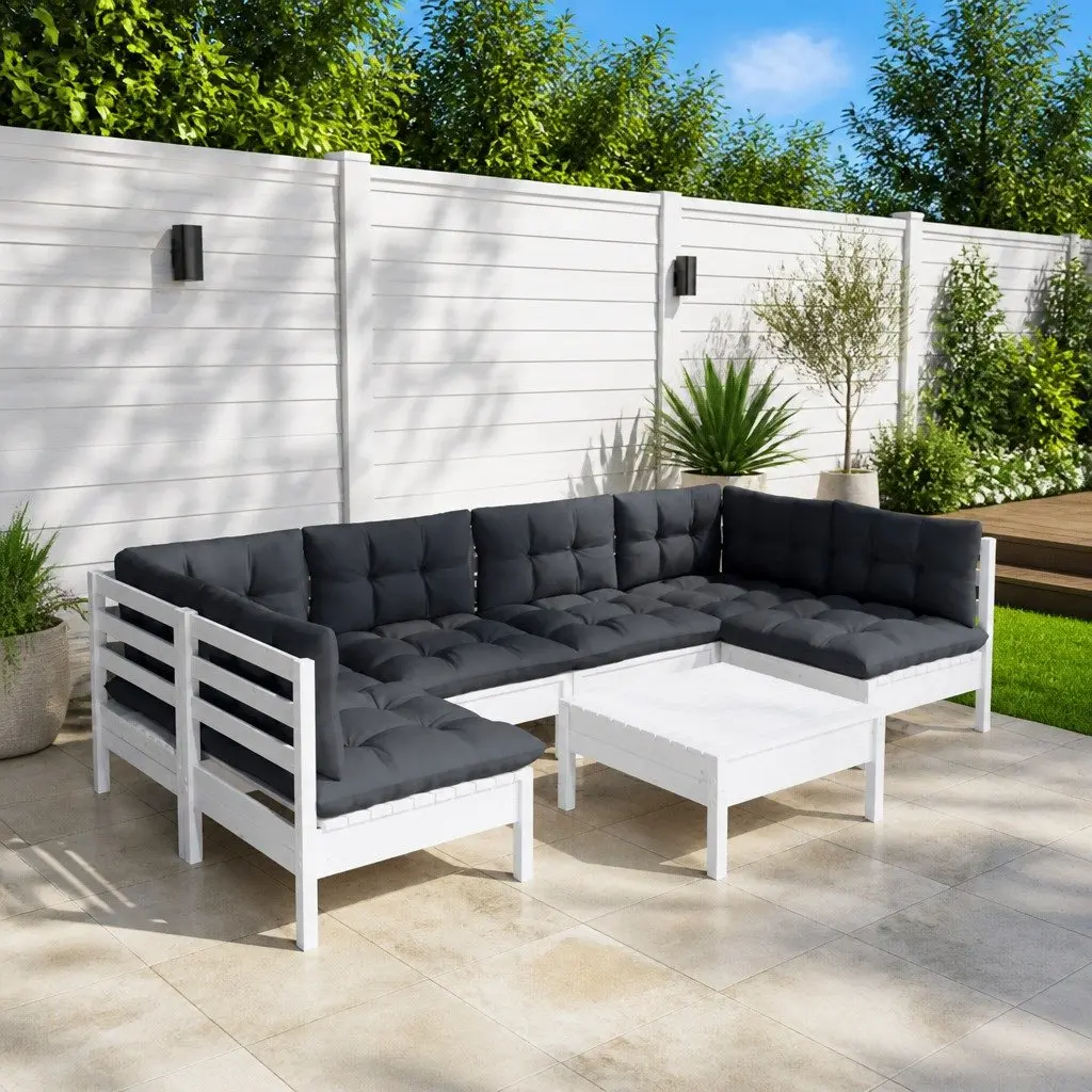 7 Piece Outdoor Furniture Lounge Set White Solid Pinewood with Cushions