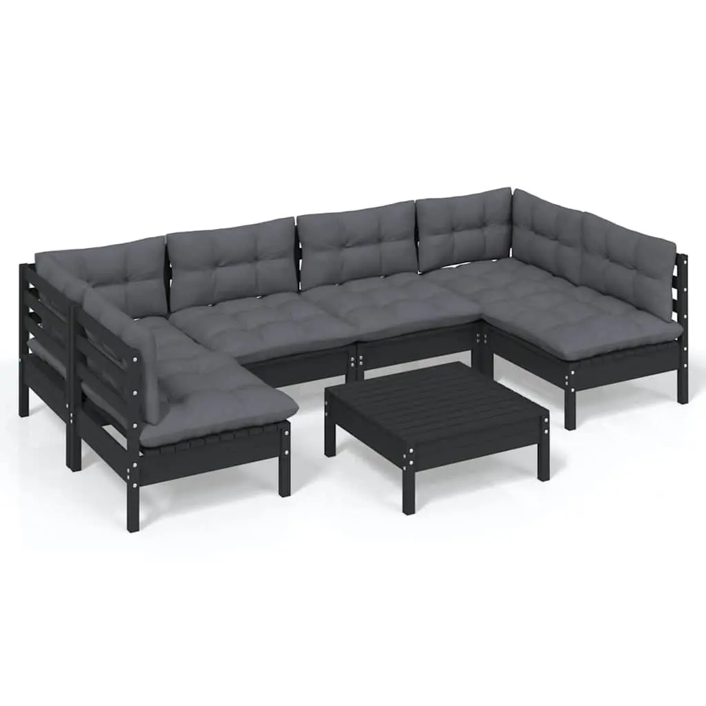 7 Piece Modular Garden Lounge Set Black Solid Pinewood with Cushions