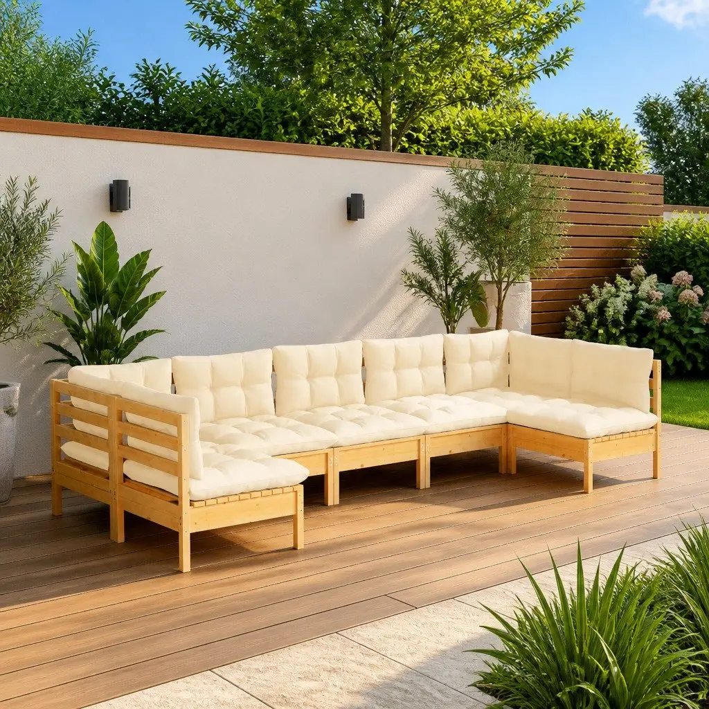Garden Lounge Set 7 Piece Outdoor Patio Furniture Solid Pinewood Modular Cream