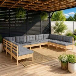Garden Lounge Set 9 Piece Outdoor Patio Furniture Grey Cushions Modular Seating