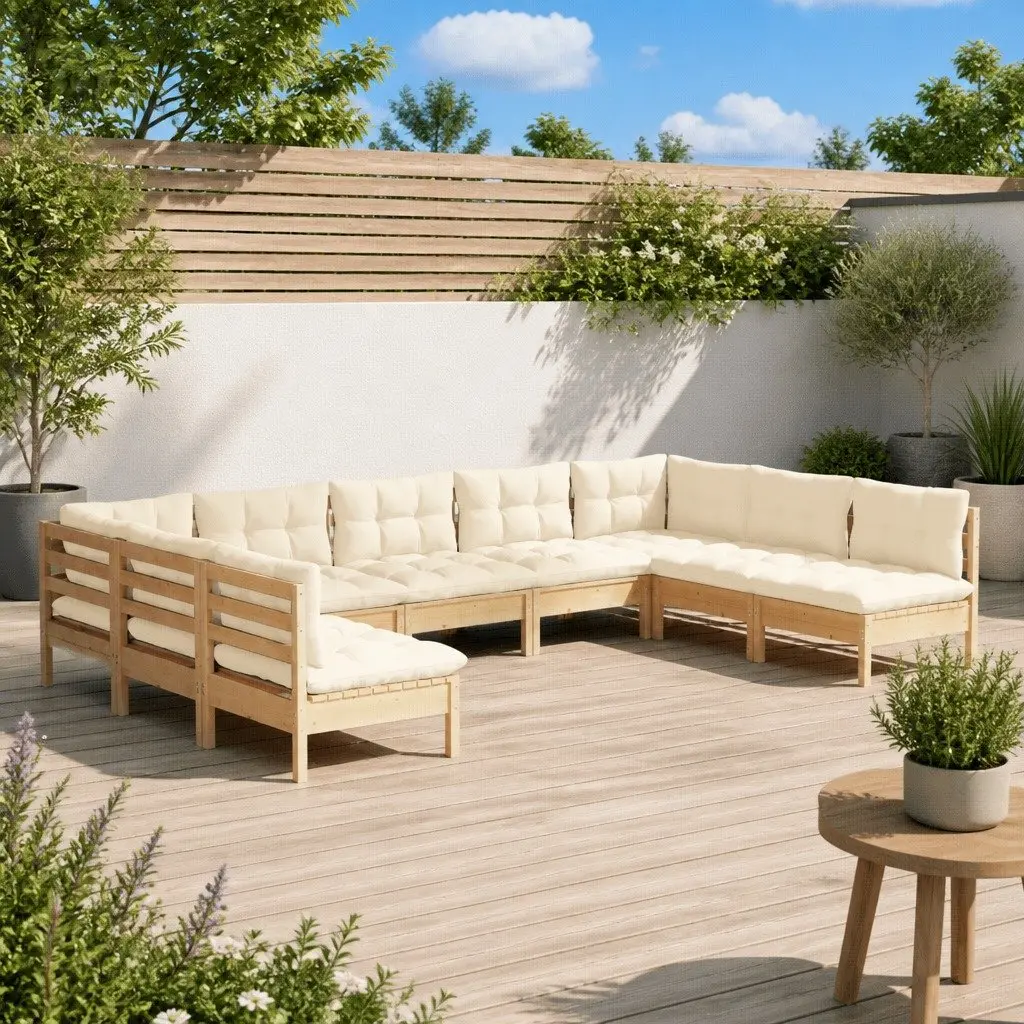 9 Piece Modular Sofa Set Cream Cushions Solid Pinewood Outdoor Patio Garden Furniture