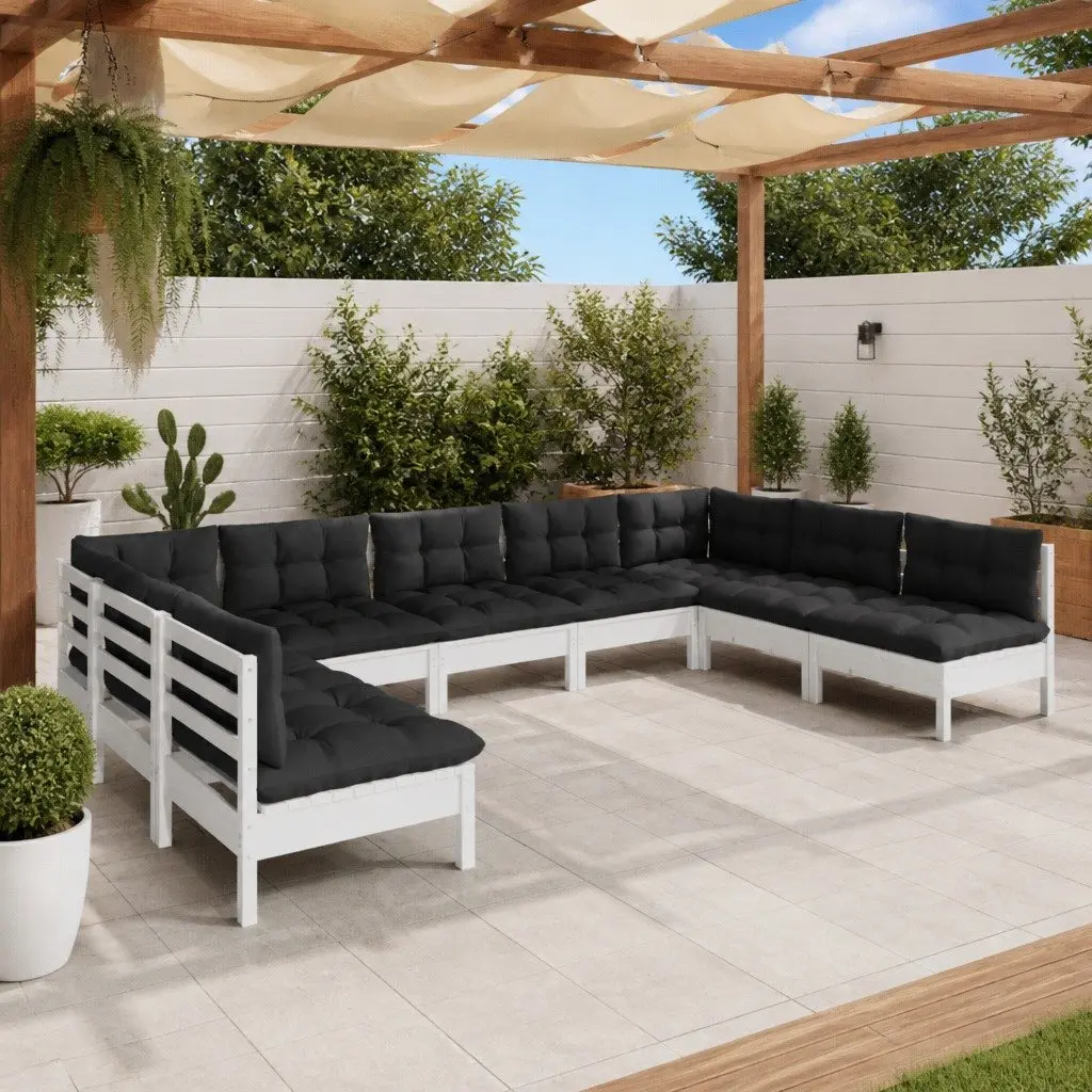 9 Piece Modular Outdoor Furniture Garden Lounge Set White Solid Pinewood Patio Seating