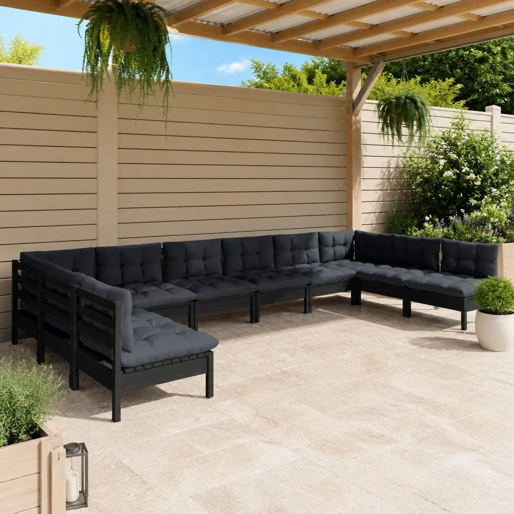 10 Piece Modular Outdoor Lounge Set Black Cushioned Pinewood Patio Furniture