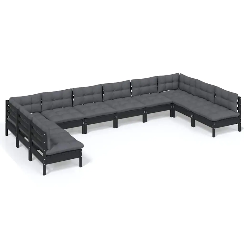 10 Piece Modular Outdoor Lounge Set Black Cushioned Pinewood Patio Furniture