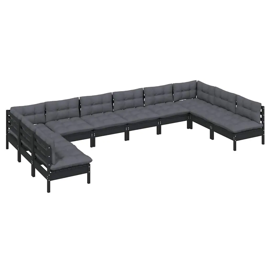 10 Piece Modular Outdoor Lounge Set Black Cushioned Pinewood Patio Furniture