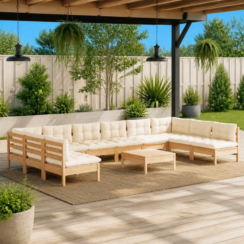 Garden Lounge Set 11 Piece Outdoor Patio Furniture Modular Solid Pinewood Cream